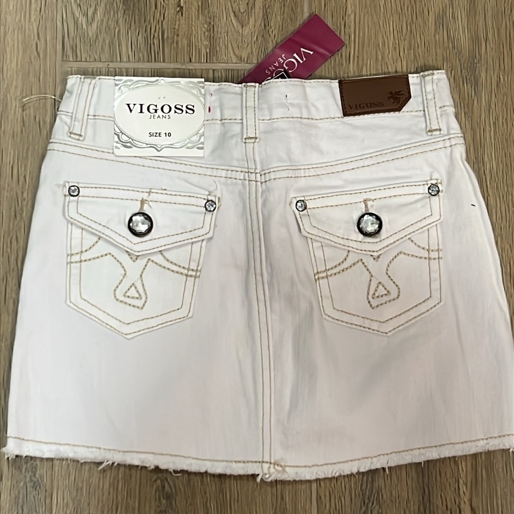 Vigoss Skirt Jean Girl Size 10 White Adjustable Waist Bling Rhinestone Fray Mini - Picture 10 of 10